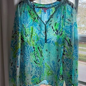 Lilly Pulitzer Vibrant Silk turquoise Blue and Green Blouse